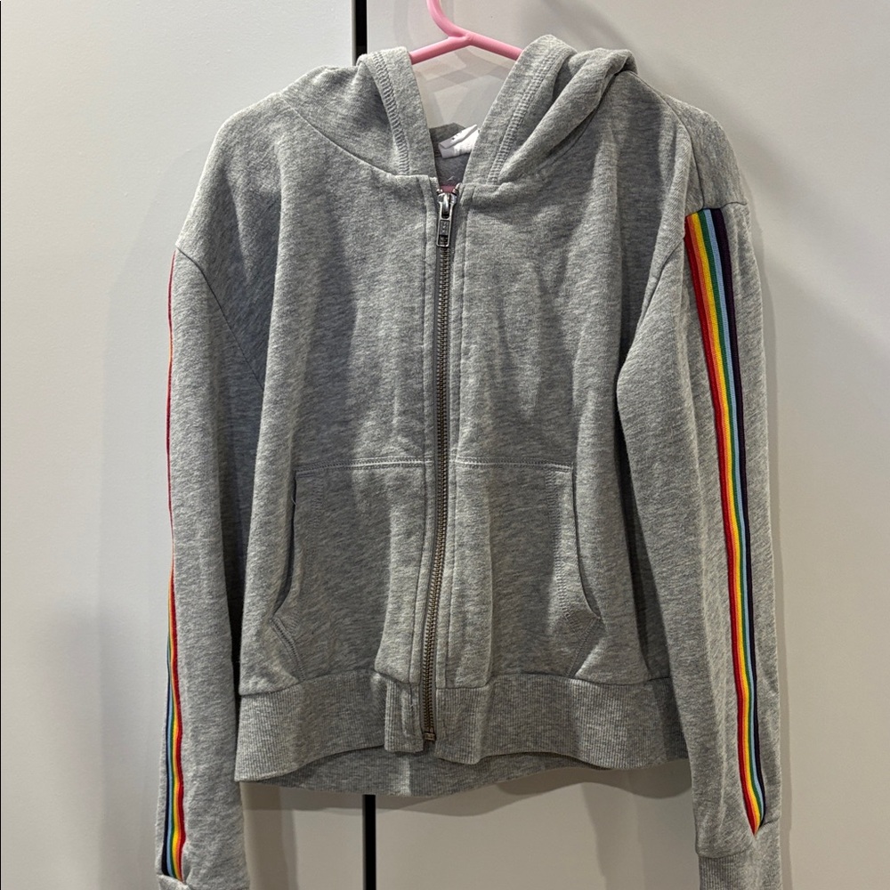 Girls' Gray Zip Hoodie with Rainbow Sleeve Stripes